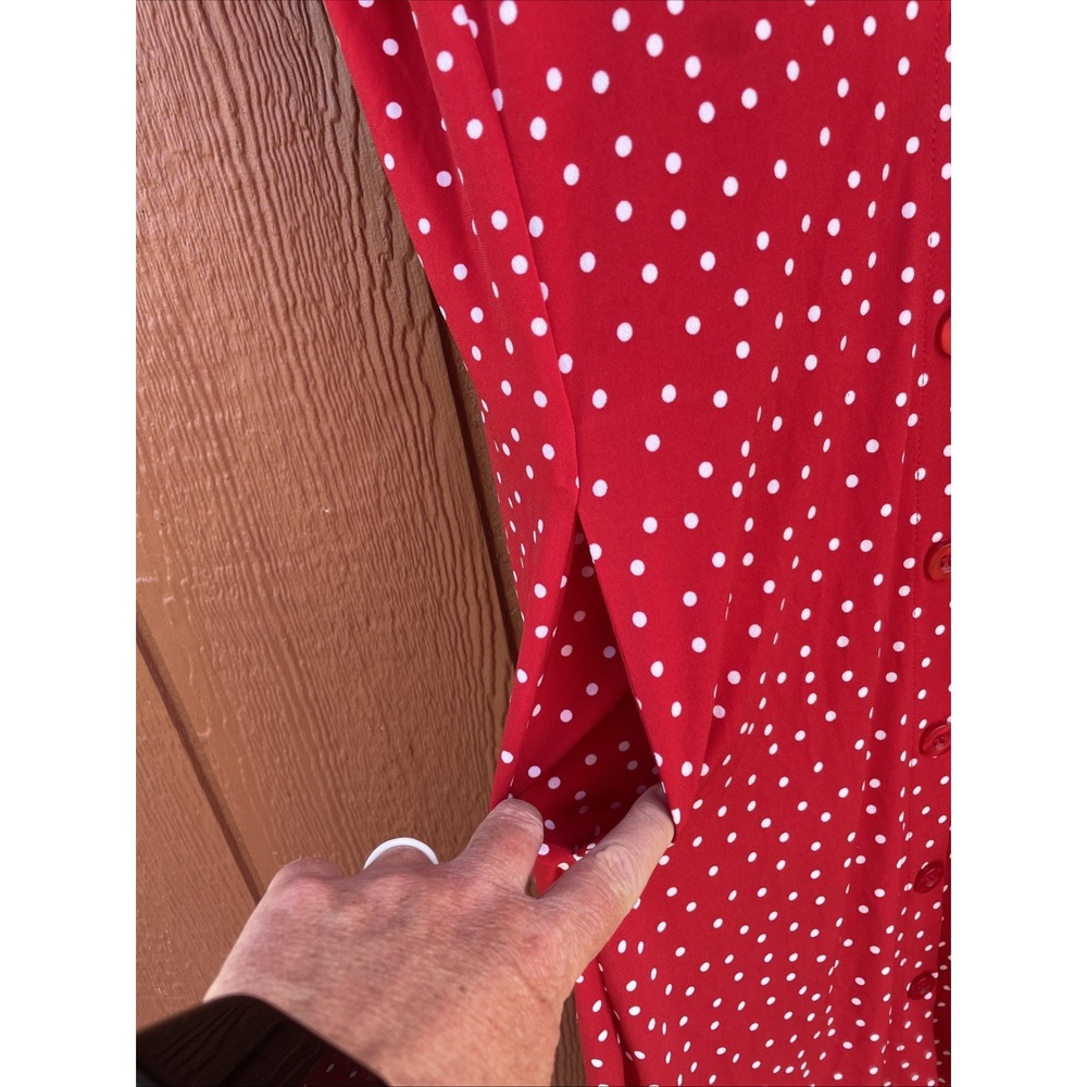 Susan Graver Red Polka Dot Liquid Knit Button Front Midi Dress Flutter Sleeve M - Picture 5 of 7